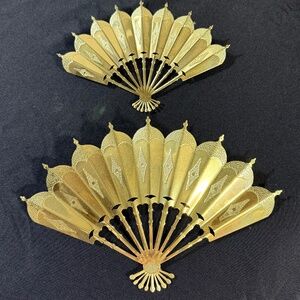 Home Interiors Vtg Set 2 Brass Gold Metal Decorative Fans Hanging Wall Decor.